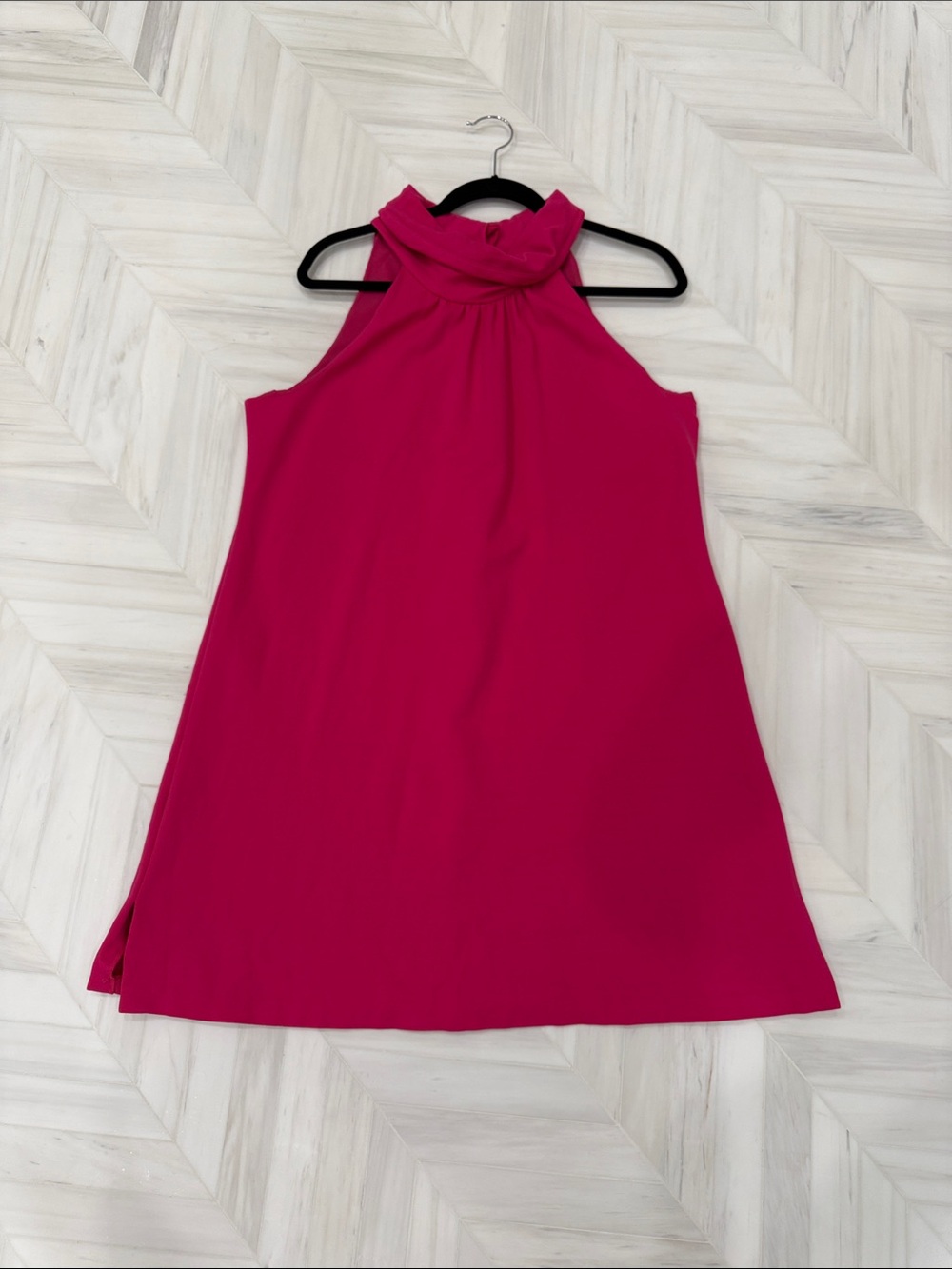 Eliza J Draped Halter Dress in Fuchsia with gold buttons on back